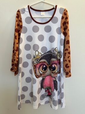 NWT Girl’s Penelope Plumm Owl Dress with Polka Dot Background Size 6